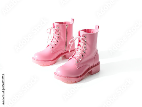 A pair of pink boots resting on a clean white surface, showcasing their vibrant color and stylish design.