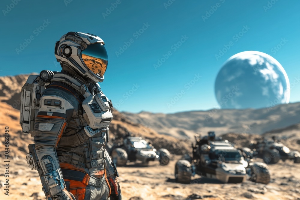 A lone astronaut stands on a barren landscape, surveying advanced vehicles and a gigantic planet visible in the sky. Generative AI A lone astronaut stands on a barren landscape, surveying advanced vehicles and a gigantic planet visible in the sky. Generative AI