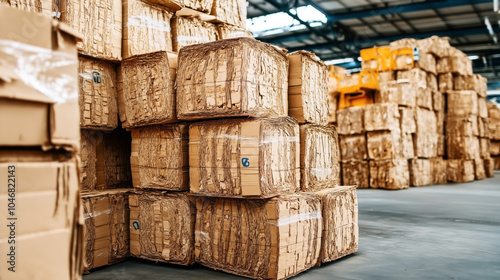 Stacks of compressed cardboard bales are stored in a warehouse with a high ceiling, suggesting the scene is related to recycling or manufacturing processes. photo