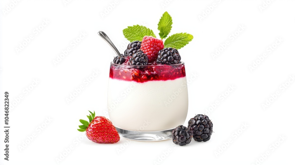 A sophisticated dessert of panna cotta topped with a berry compote, presented in a glass with a stylish spoon, set against a white background for contrast. A sophisticated dessert of panna cotta topped with a berry compote, presented in a glass with a stylish spoon, set against a white background for contrast.