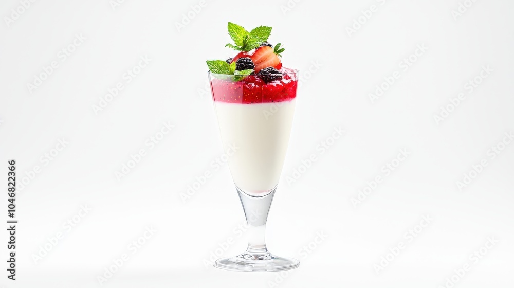 A sophisticated dessert of panna cotta topped with a berry compote, presented in a glass with a stylish spoon, set against a white background for contrast. A sophisticated dessert of panna cotta topped with a berry compote, presented in a glass with a stylish spoon, set against a white background for contrast.