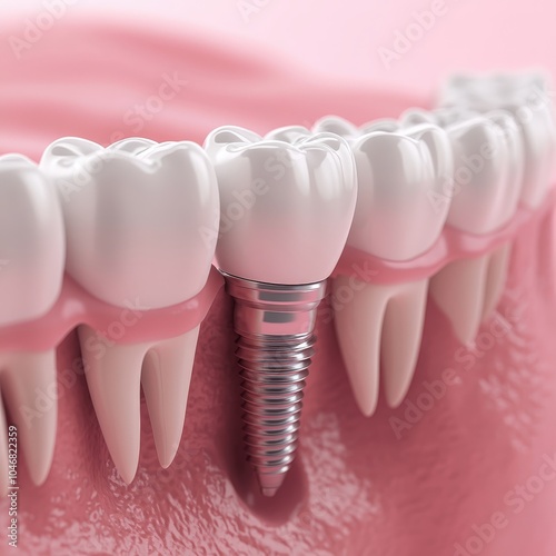 Dental implant in gum tissue with natural teeth, showcasing modern dental technology and oral health. photo