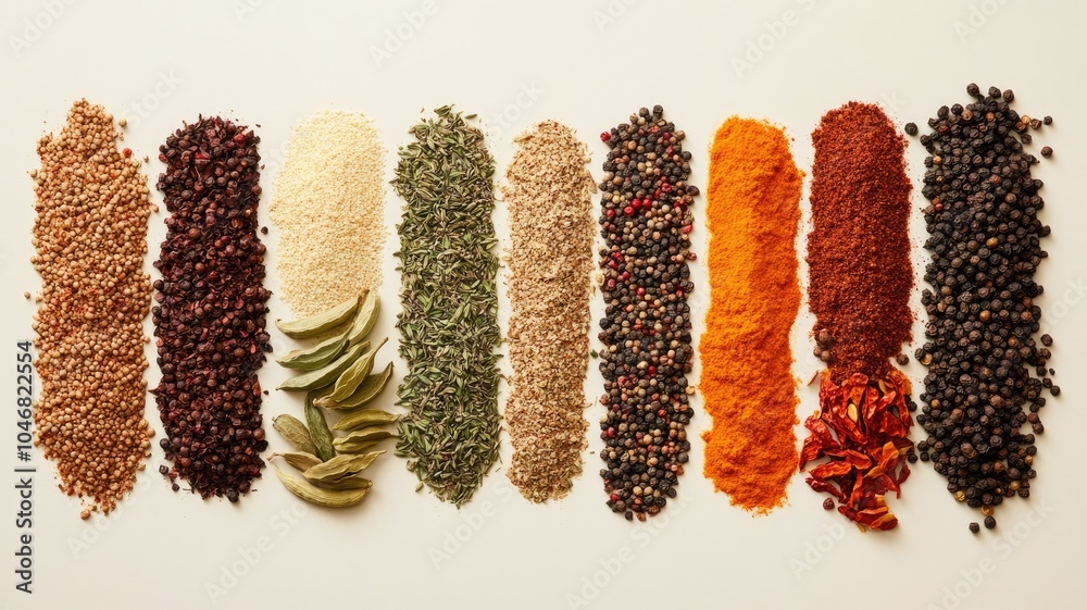 Colorful variety of spices and herbs arranged in rows on white surface Colorful variety of spices and herbs arranged in rows on white surface