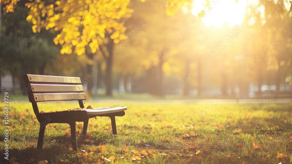 Park bench under autumn trees with golden leaves in early morning sunlight