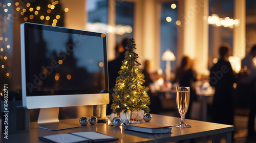 office desk adorned with a tabletop Christmas tree and garlands, with a festive office party in the background. Last working day, corporate party new year disco