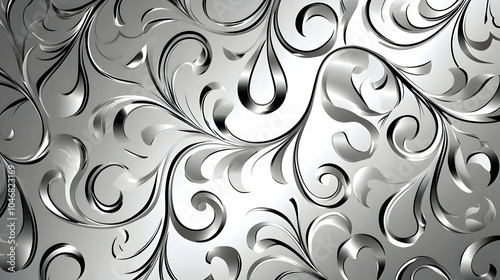 A decorative silver swirling pattern with floral elements, ideal for backgrounds or design. Black and white background images -