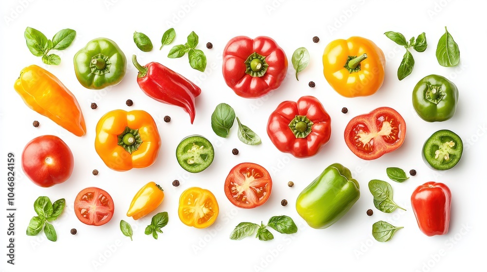 A variety of colorful bell peppers sliced and arranged on a white background, showcasing their vibrant reds, yellows, and greens in fine detail. A variety of colorful bell peppers sliced and arranged on a white background, showcasing their vibrant reds, yellows, and greens in fine detail.