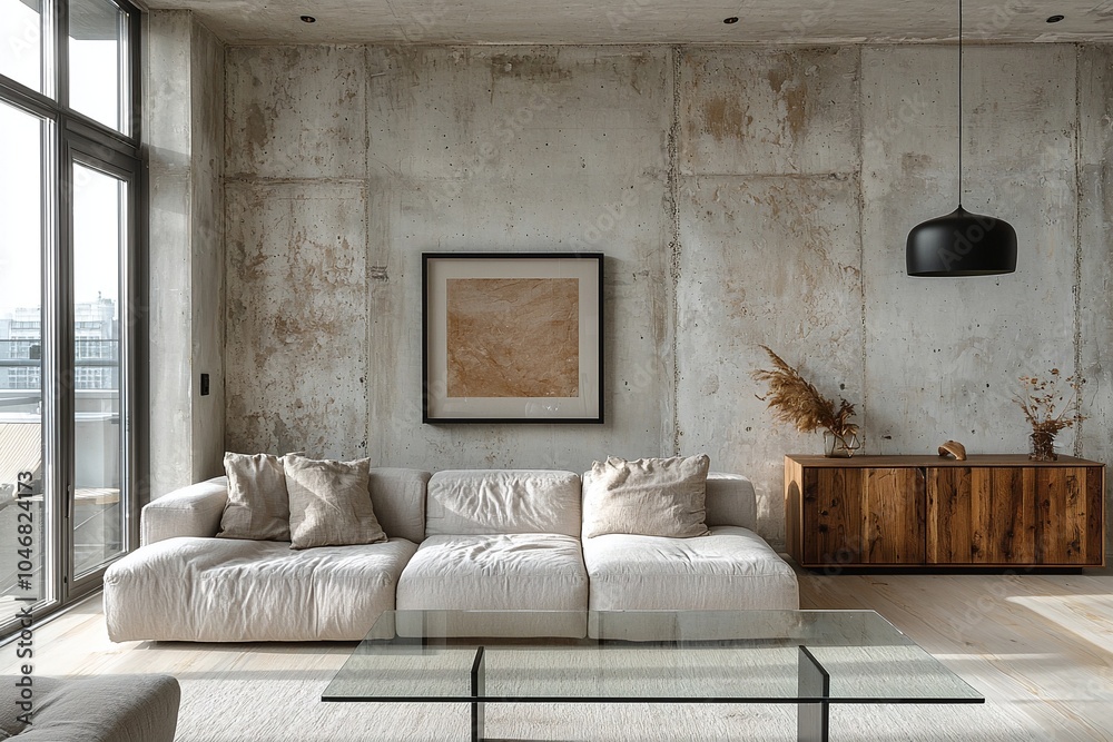 Minimalist, japandi interiors in the living room with grey-finished rough walls and sofas. Generative AI
Minimalist, japandi interiors in the living room with grey-finished rough walls and sofas. Generative AI