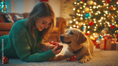Young woman gives her dog retriver a present sitting in a cozy living room with a festive Christmas atmosphere.