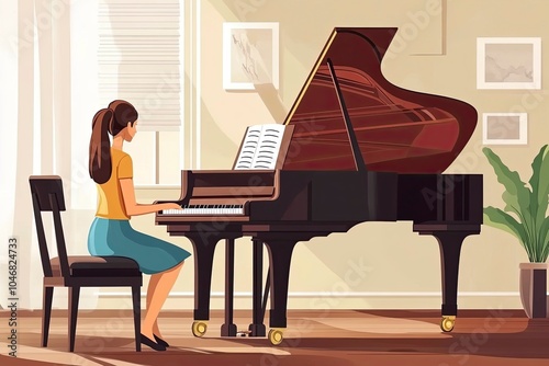 woman playing grand piano in room clip art preview