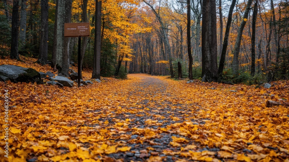 Obraz premium Forest path with scattered yellow leaves