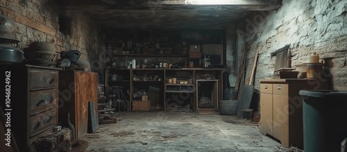 A cluttered basement with stone walls, wooden cabinets, and a workbench filled with tools and other objects.