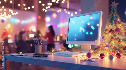 office desk adorned with a tabletop Christmas tree and garlands, with a festive office party in the background. Last working day, corporate party new year disco