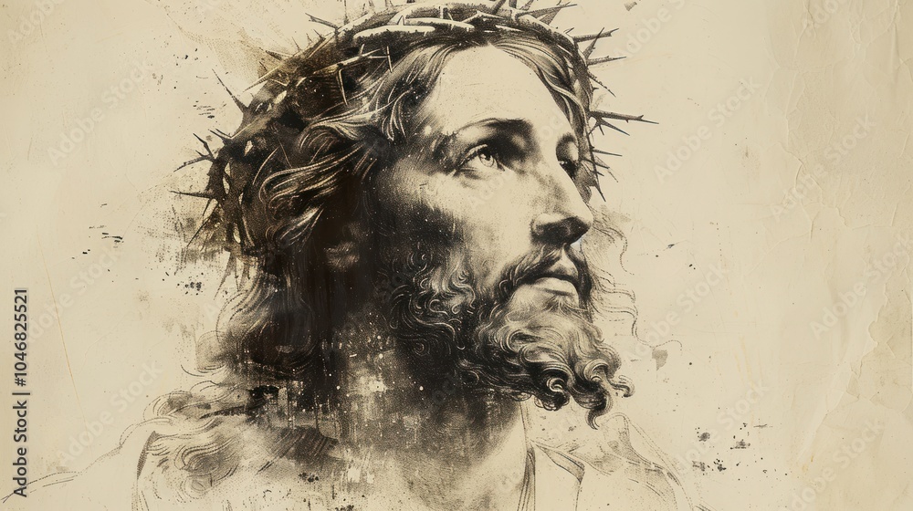 Fototapeta premium A profound depiction of Christ crowned with thorns, showcasing emotion and spirituality in soft hues. Generative AI