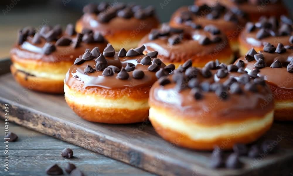 Delicious chocolate-covered donuts with chocolate chips. Delicious chocolate-covered donuts with chocolate chips.