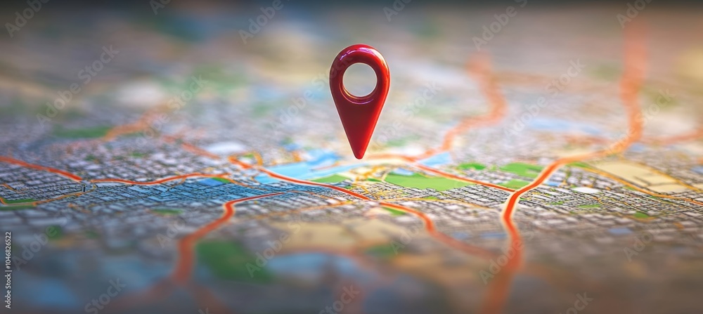 Red Location Pin Hovers Over a Detailed City Map., Representing Travel, GPS Navigation Red Location Pin Hovers Over a Detailed City Map., Representing Travel, GPS Navigation