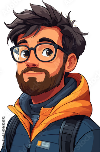 cartoon illustration of a young man with glasses and a beard, wearing a blue jacket and orange hoodie, smiling warmly on white background
