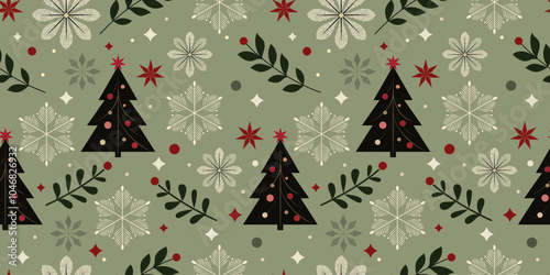 Seamless Festive Holiday Pattern with Geometric Christmas Trees, Ornaments, Snowflakes, and Stars in Gold, Green, and Red Tones on a green Background for Winter Season Wrapping Paper or Gift Packaging