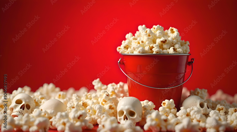 red box of popcorn and Skull horror cinema movie night Halloween Concept photo on Black Background red box of popcorn and Skull horror cinema movie night Halloween Concept photo on Black Background