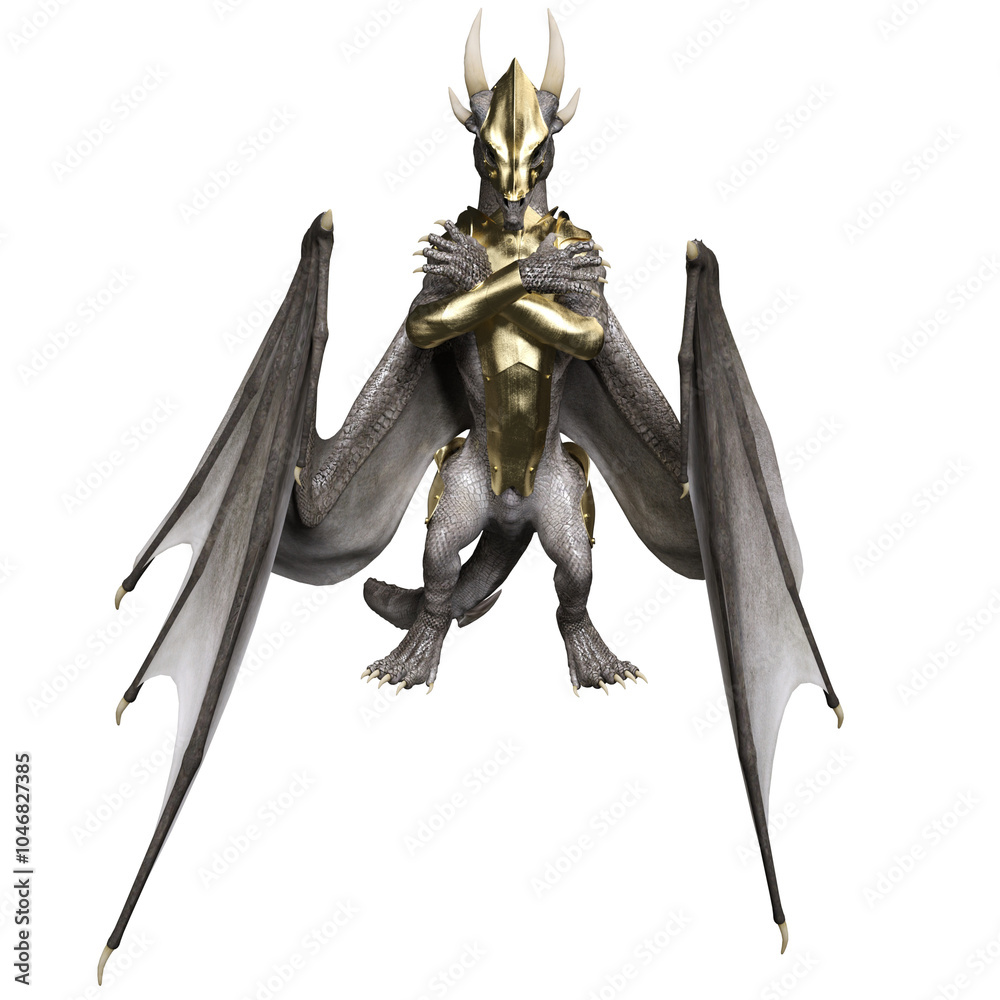 Fototapeta premium 3D rendered white dragon with a golden armor isolated on transparent background