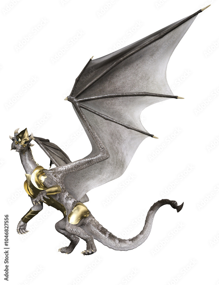 Naklejka premium 3D rendered white dragon with a golden armor isolated on transparent background