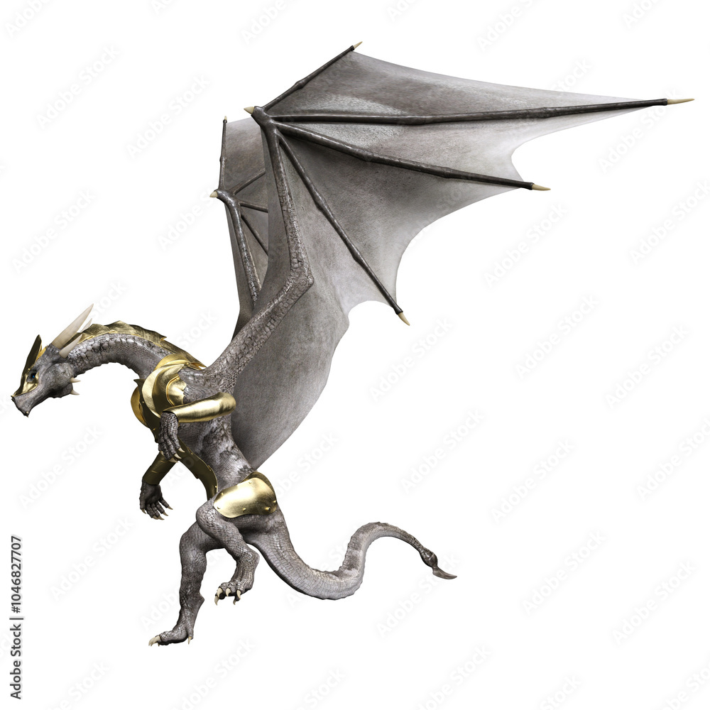 3D rendered white dragon with a golden armor isolated on transparent background