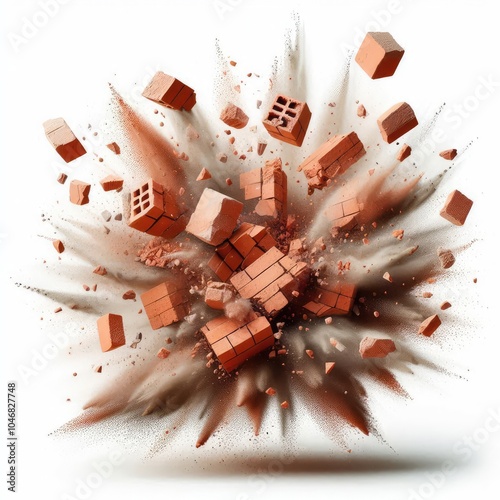 Broken red brick with flying pieces and powder isolated on white background