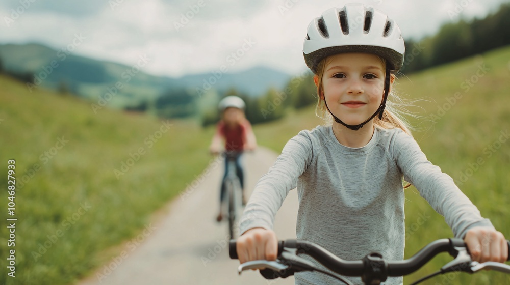 Naklejka premium Joyful summer adventures children biking through lush green fields in the great outdoors