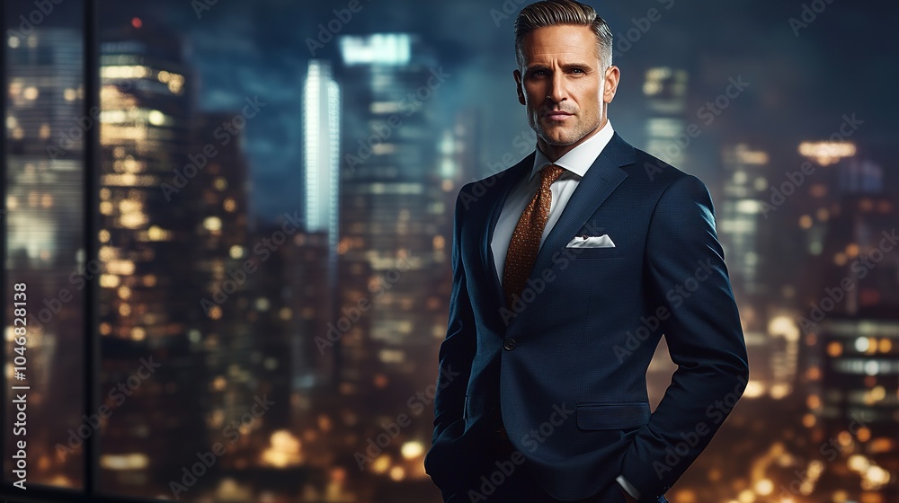 Businessman in a suit standing confidently with a modern cityscape in the background