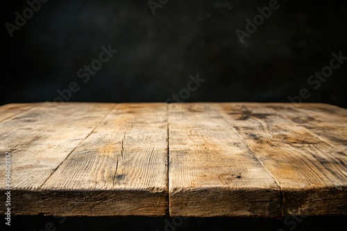 Rustic wooden table top with a dark textured background. photo