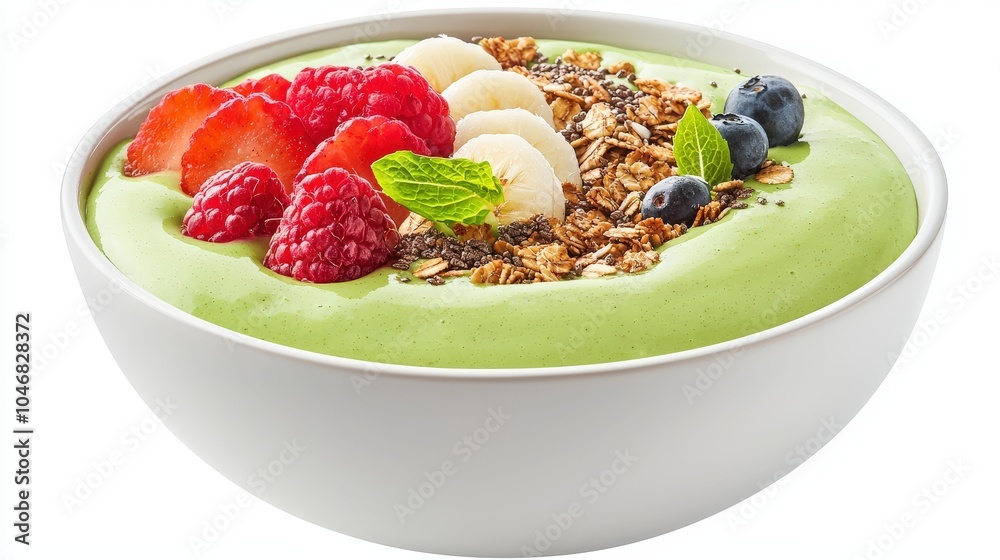 An artistic display of a vibrant smoothie bowl topped with granola, fruits, and seeds, presented in a stylish ceramic bowl against a clean white background. An artistic display of a vibrant smoothie bowl topped with granola, fruits, and seeds, presented in a stylish ceramic bowl against a clean white background.