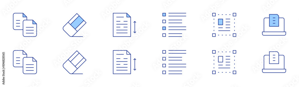 Text icon set in two styles, Duotone and Thin Line style. Editable stroke. list, select, laptop, copy, draft, line spacing Text icon set in two styles, Duotone and Thin Line style. Editable stroke. list, select, laptop, copy, draft, line spacing
