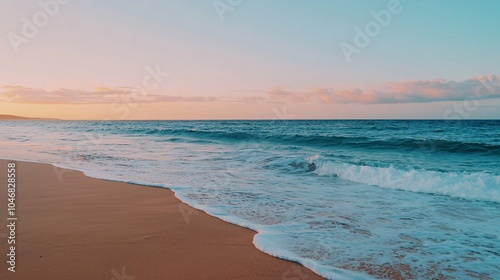 Serene sunset at the beach a tranquil evening by the ocean with gentle waves and soft sands