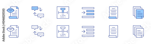 Text icon set in two styles, Duotone and Thin Line style. Editable stroke. proof reading, sequence, text, right indent, speech, sheet