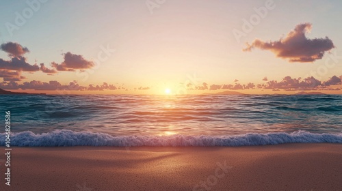 Breathtaking sunset over calm ocean waves a serene evening by the beach captured in stunning detail