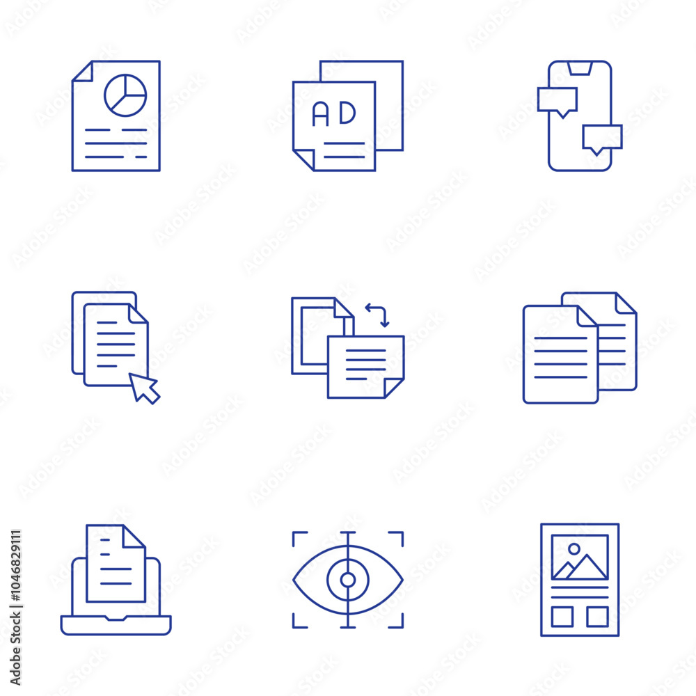 Text icons set. Thin Line style, editable stroke. analysis, click, document, leaflet, orientation, scan, chat, copy, essay Text icons set. Thin Line style, editable stroke. analysis, click, document, leaflet, orientation, scan, chat, copy, essay