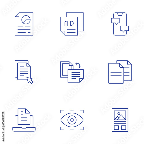 Text icons set. Thin Line style, editable stroke. analysis, click, document, leaflet, orientation, scan, chat, copy, essay
