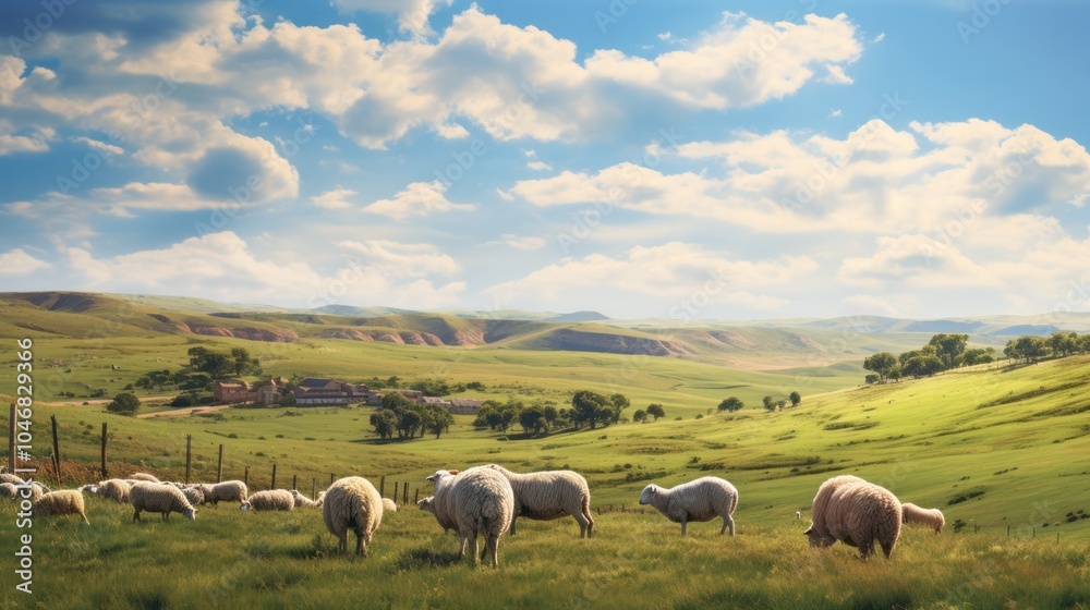 Panoramic view of many sheep farms Panoramic view of many sheep farms