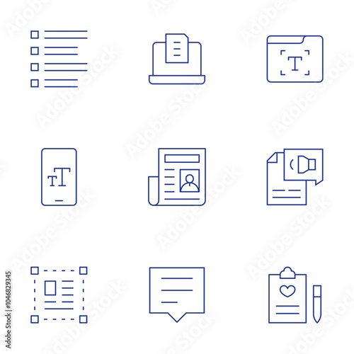 Text icons set. Thin Line style, editable stroke. list, phone, select, text, text to speech, writing, laptop, newspaper, review