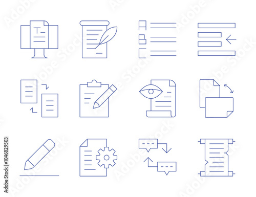 Text icons. Thin Line style, editable stroke. blog, copy, edit text, list, proof reading, sequence, announcement, clipboard, document, left indent, orientation, scroll