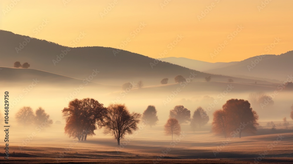 A serene landscape showcasing autumn hills shrouded in a gentle mist during the early morning hours, A serene landscape showcasing autumn hills shrouded in a gentle mist during the early morning hours,