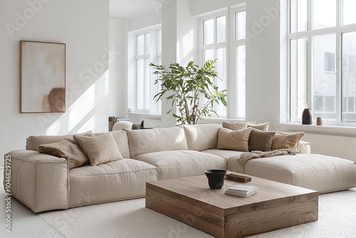 Minimalist, Scandinavian interior with white finished walls and sofa and table. Generative AI
