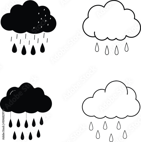 Four simple black and white icons depicting snowfall with clouds. Two have filledin clouds and two have outlined clouds. All have falling snowflakes.