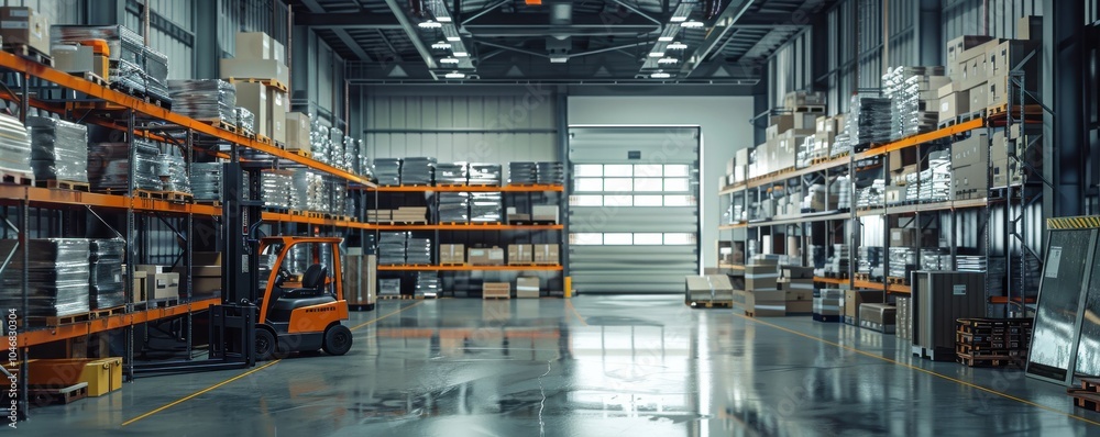 Fototapeta premium Industrial warehouse with shelves and forklifts, 4K hyperrealistic photo