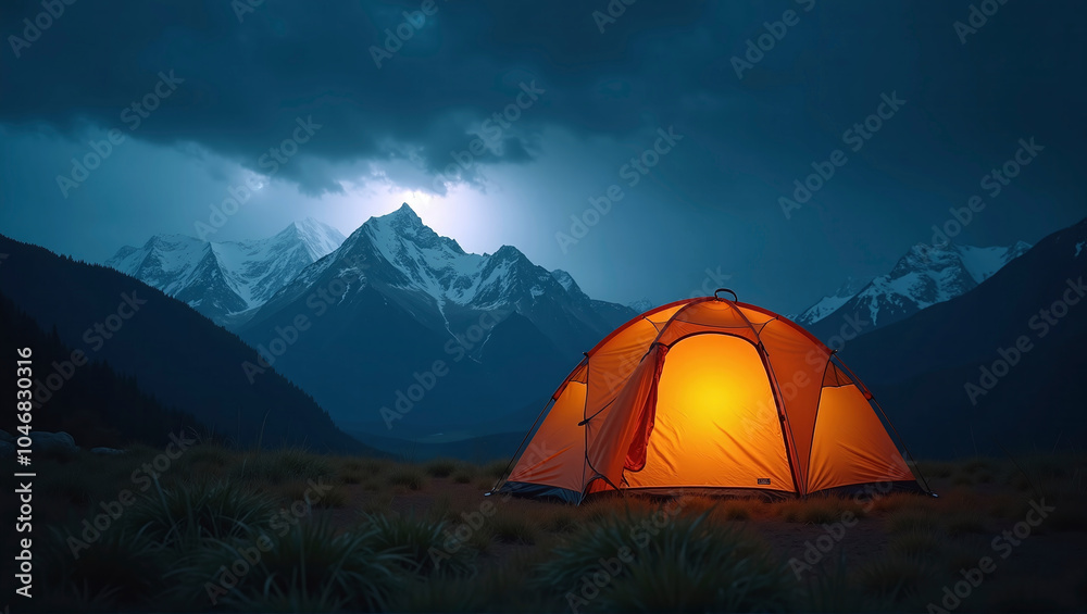 Illuminated camping tent at night with heavy thunderstorm and storm approaching, risk of severe weather and unprotected outdoor stay