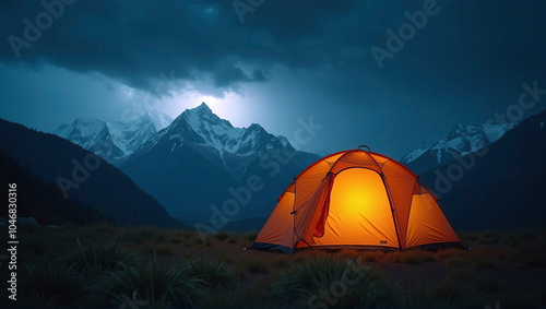 Illuminated camping tent at night with heavy thunderstorm and storm approaching, risk of severe weather and unprotected outdoor stay photo