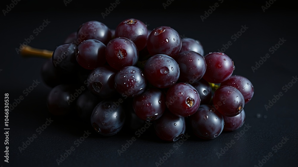 Fototapeta premium A cluster of dark red grapes glistening with water droplets, set against a stark black background, highlighting the subtle textures and hues of the fruit.