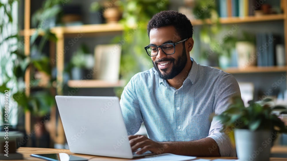 A remote work business strategist advising on remote team collaboration technologies, working from a virtual office A remote work business strategist advising on remote team collaboration technologies, working from a virtual office