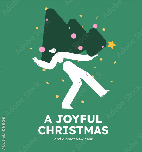 Vector illustration of a happy woman, holding christmas tree. Festive celebration concept. Merry Christmas and happy new year banner. Simple cheerful header with copyspace.