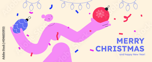 Vector illustration of a happy woman, holding decorative ball. Festive celebration concept. Merry Christmas and happy new year banner. Simple cheerful header with copyspace.